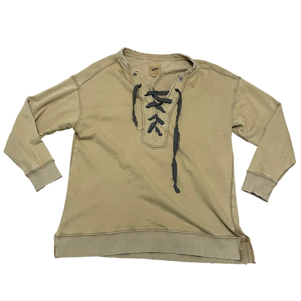 Aerie Mustard Yellow Lace Up Sweatshirt Pullover Distressed Oversized Women's‎ S